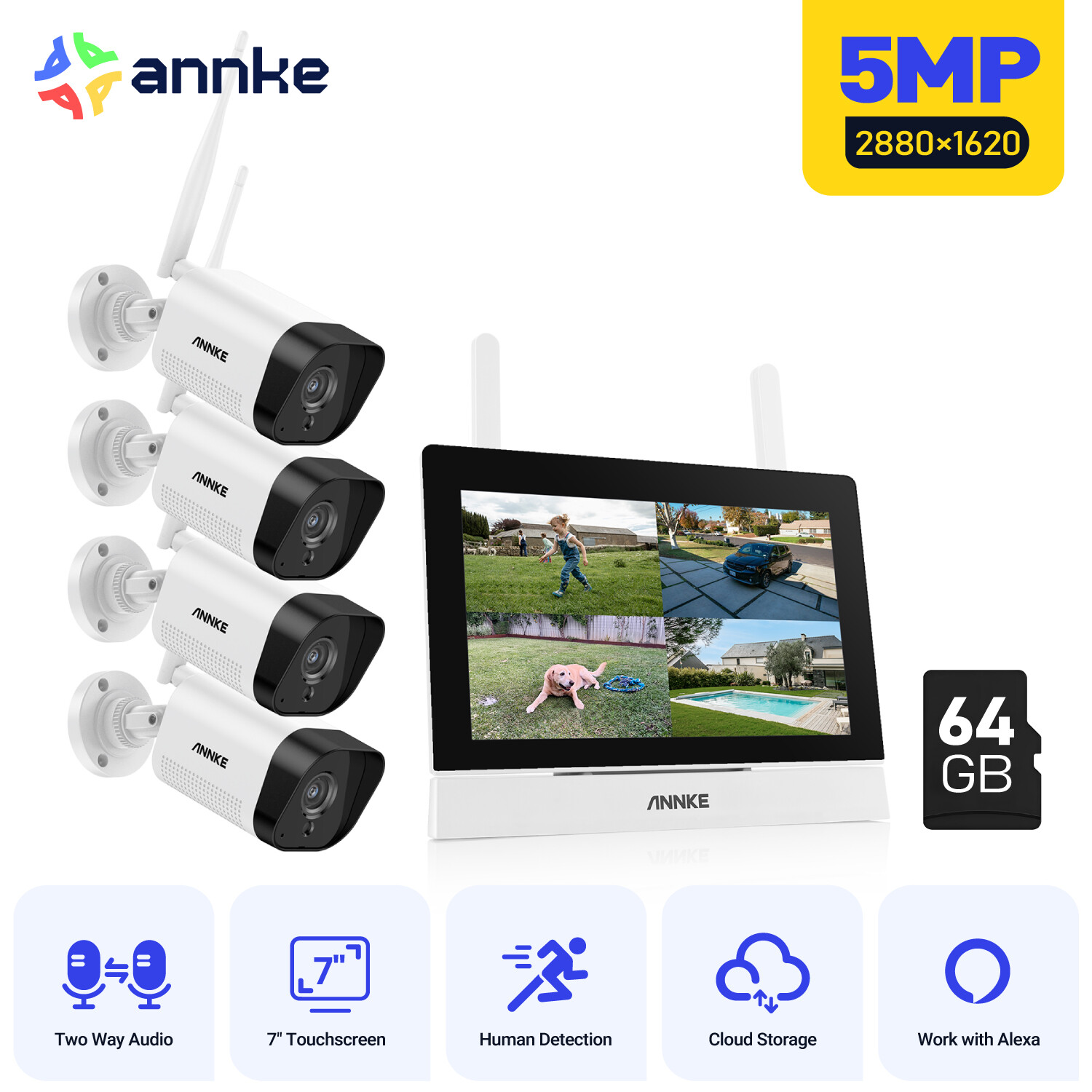 ANNKE 5MP Wireless Security Camera System 4CH NVR w/ 64GB Monitor Two Way Audio