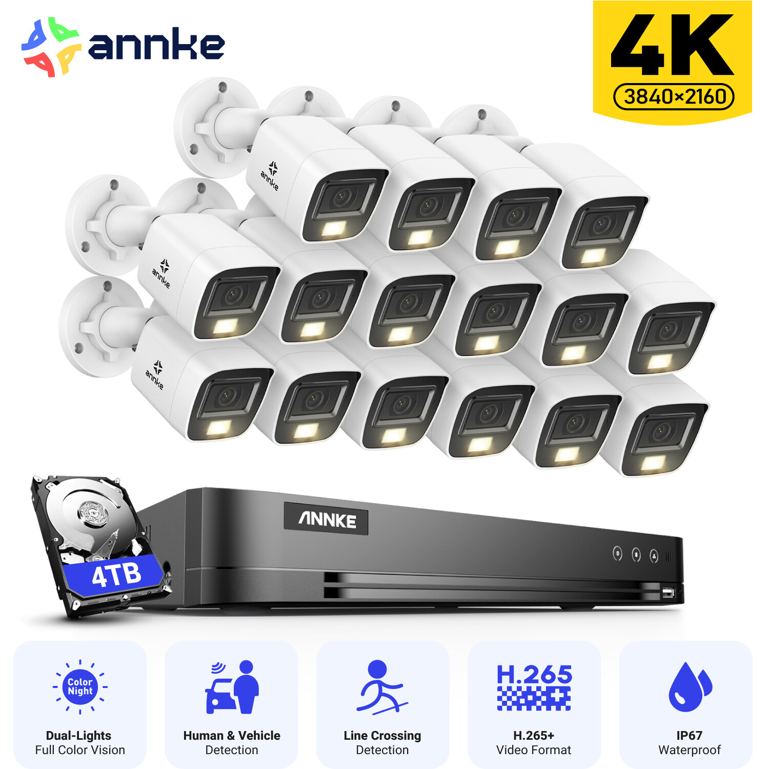 ANNKE 8MP 16CH DVR 4K CCTV Security Camera System Color Night Vision IP67 H.265+