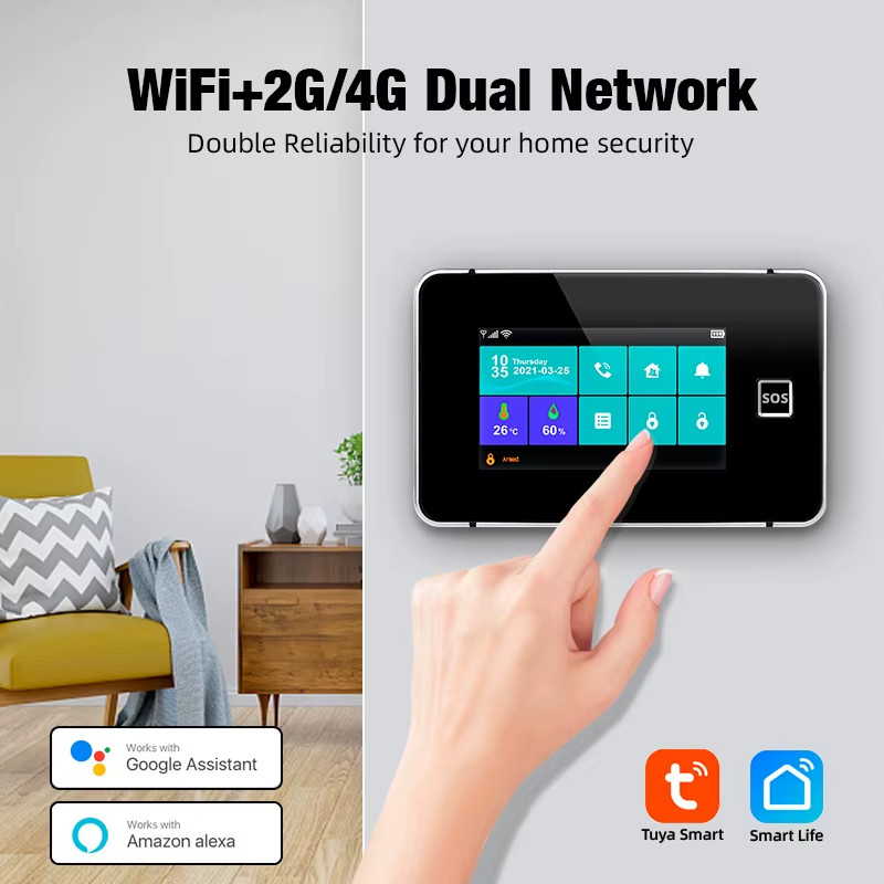 4.3 Inch Touch Screen Home Alarm System Wireless 4G Burglar Alarm WiFi GSM Tuya
