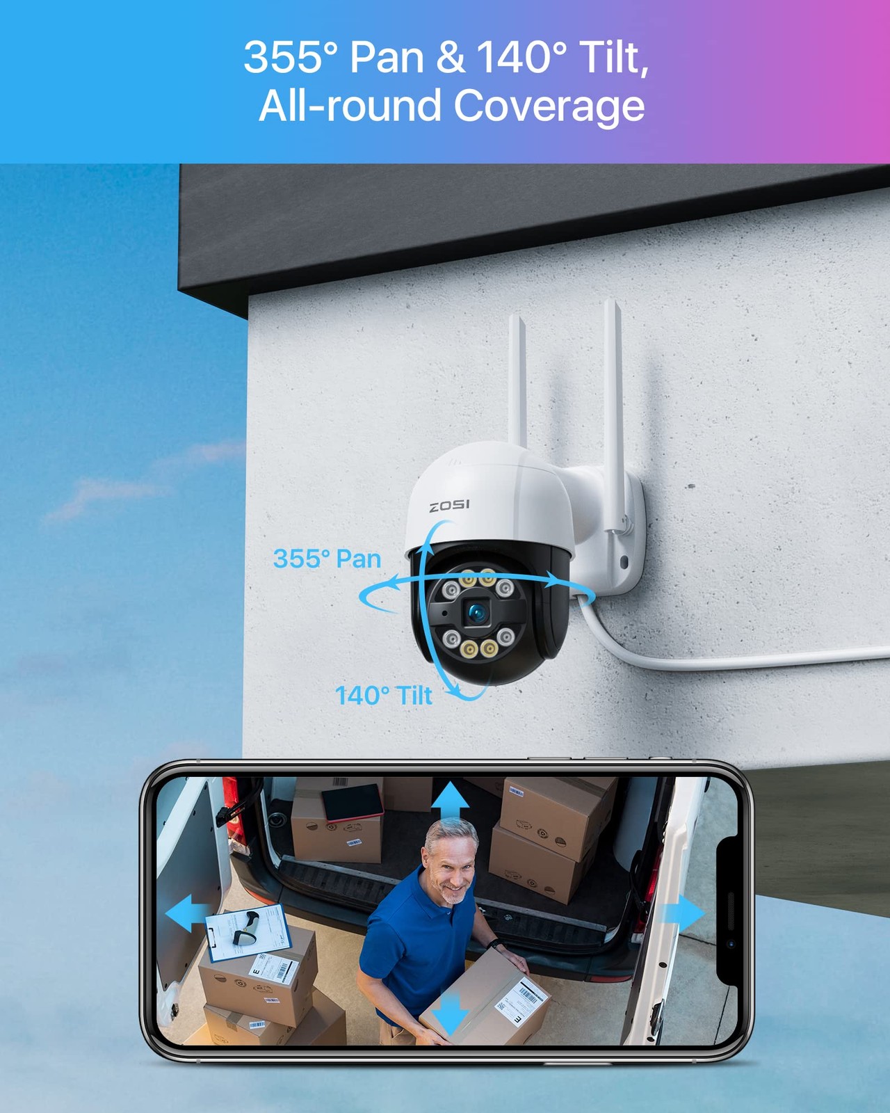 ZOSI 3MP PTZ Outdoor WiFi Security IP Wireless Camera Audio Motion Detection