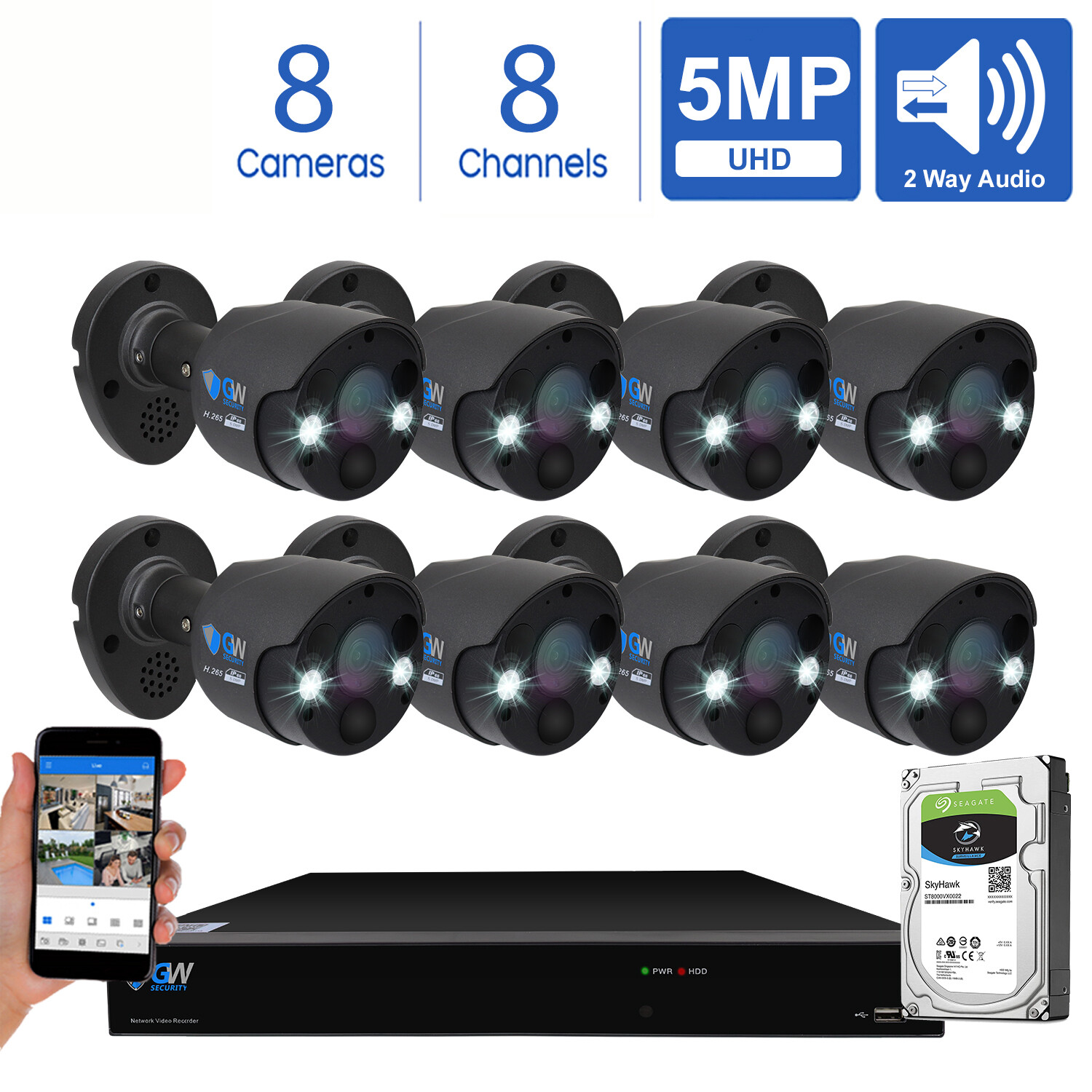 8CH NVR 8 X 5MP Two Way Audio Full-time Color PoE IP Security Camera System 2TB