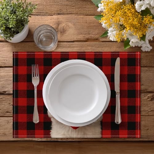 Valentine Placemats Set of 4 12×18 inch Red Buffalo Plaid Puppy Table Color*40