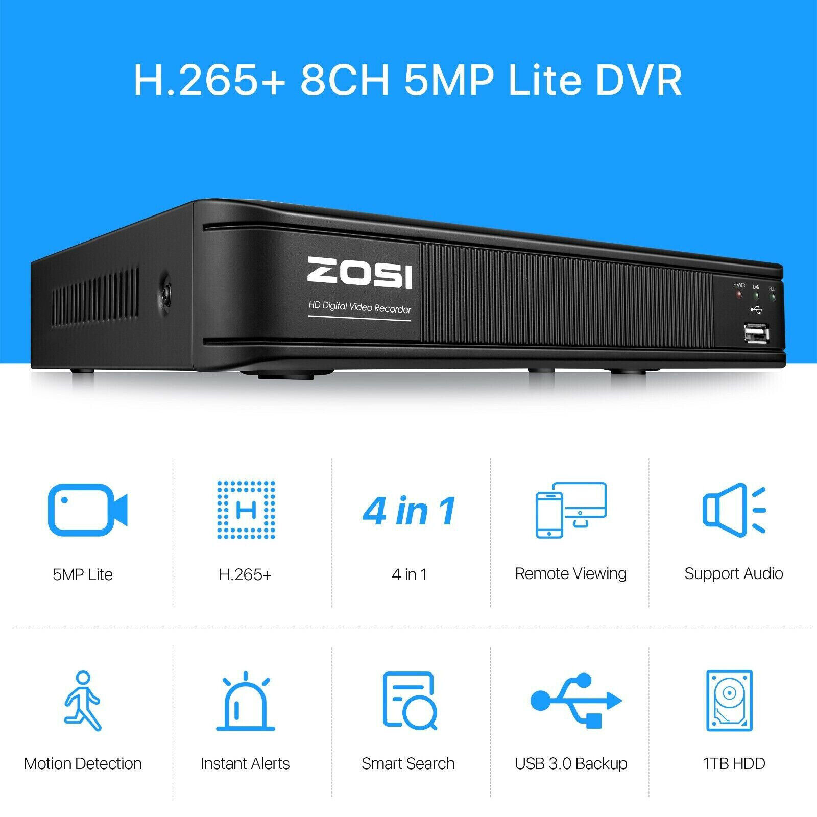 ZOSI H.265+ 5MP Lite 8CH Wired DVR 2MP Security CCTV Camera System 80ft IR Night