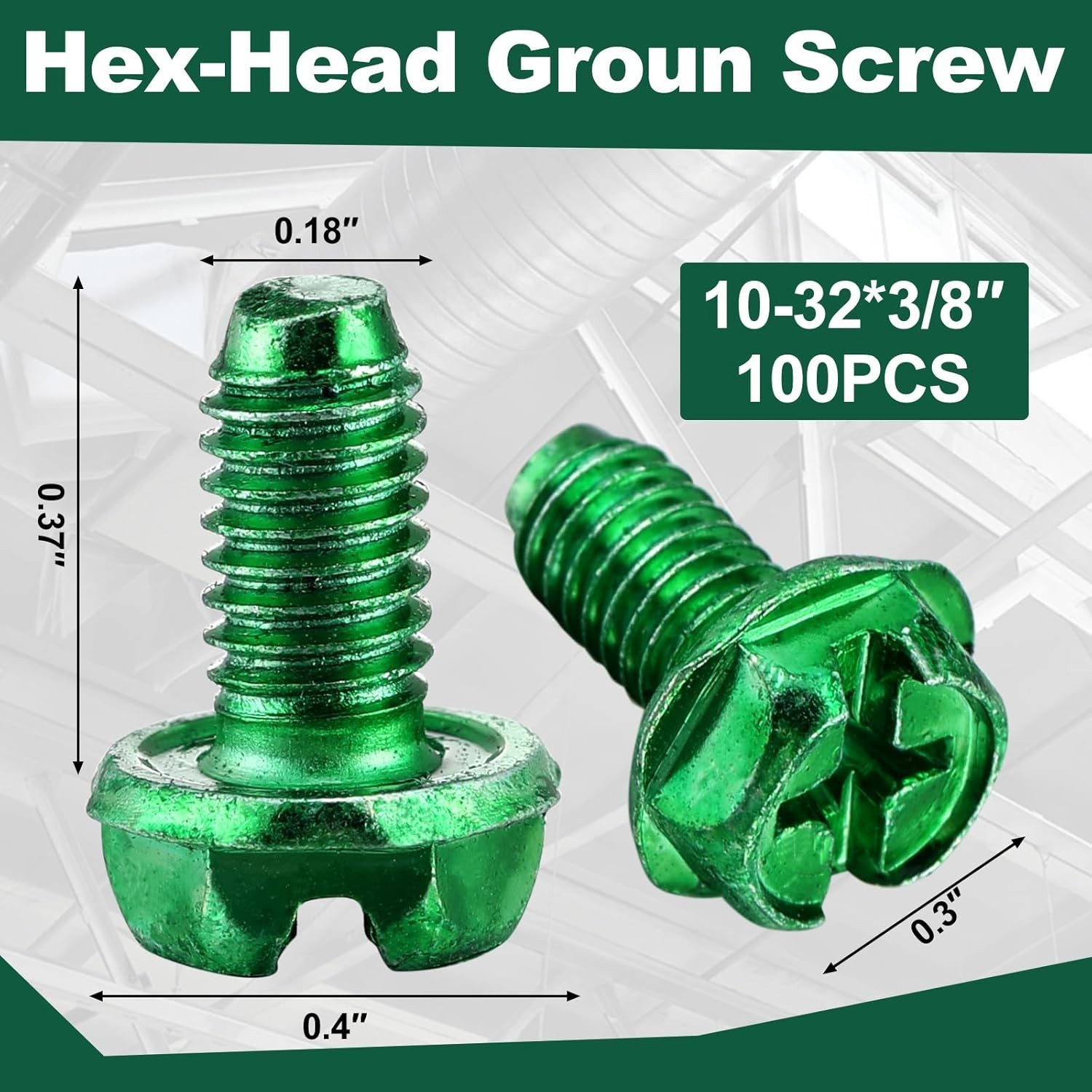 100 Pcs Ground Screws for Electrical Box, 10-32 x 3/8 Inch Green Hex Head Gro…