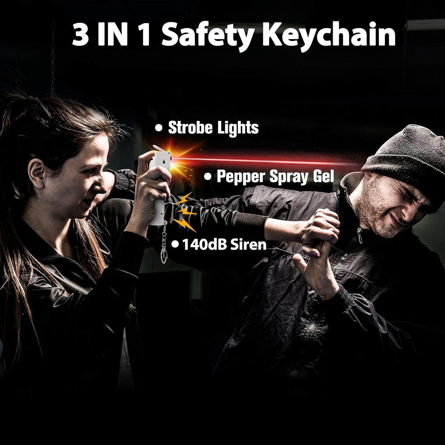 3-in-1 Pepper Spray Personal Alarm, 0.5oz 12ft UV Marking Dye Gel, 140dB Siren R