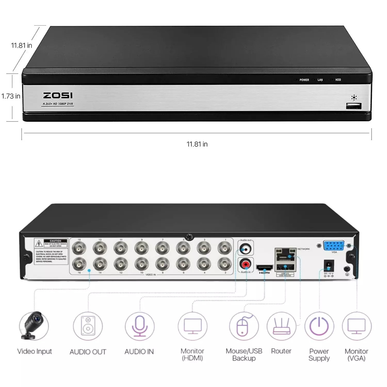 ZOSI 16CH H.265 1080P Outdoor Security Camera System 2TB HDD 16 Channel 4in1 DVR