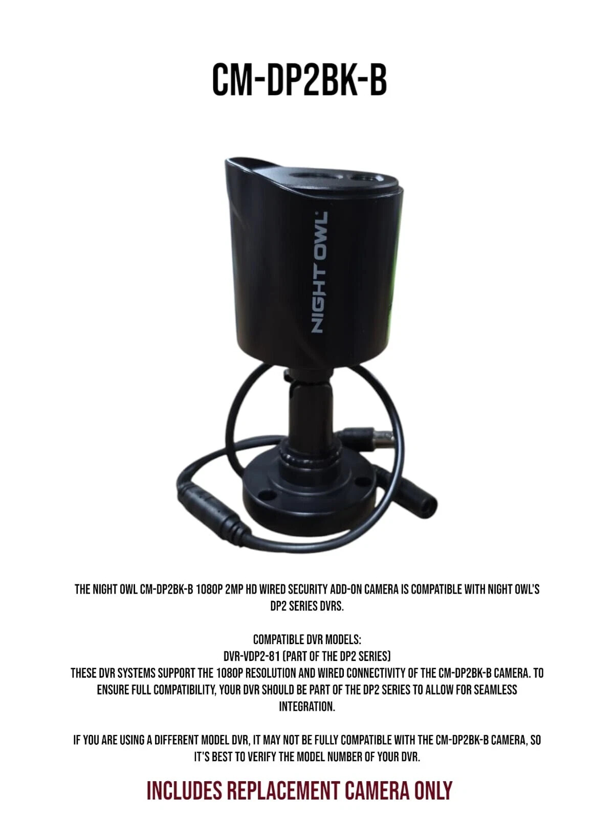 Night Owl 1080p Wired Camera CM-DP2BK-B 2MP HD | No Accessories