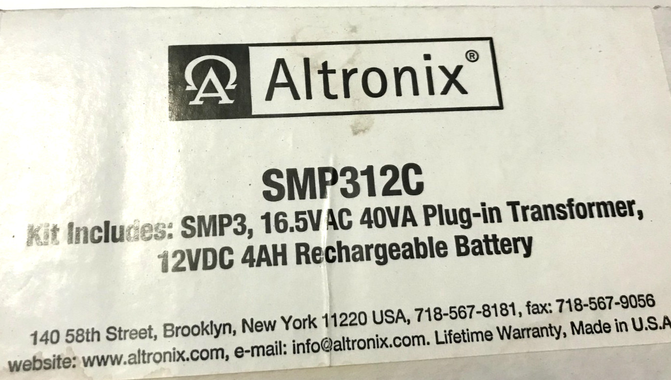 Altronix SMP312C Kit, 16.5VAC 40 plug In Transformer, 12VDC 4AH/W BATTERY