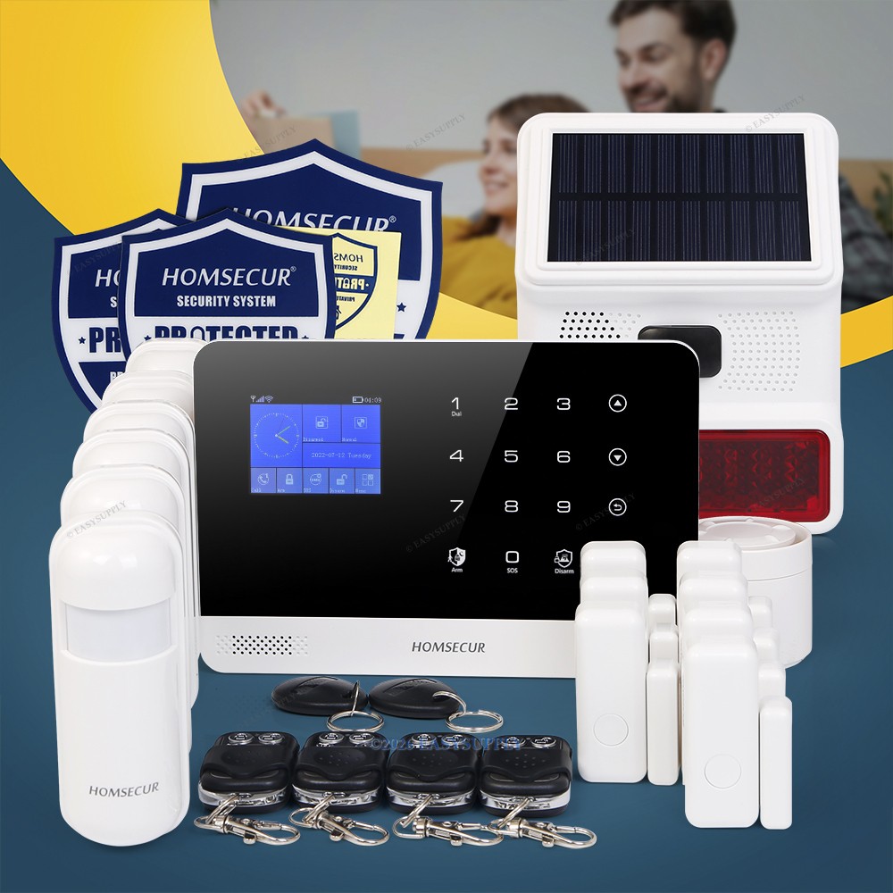 HOMSECUR Wireless WIFI 4G GSM Home Alarm System+Wireless Solar Red Flash Siren