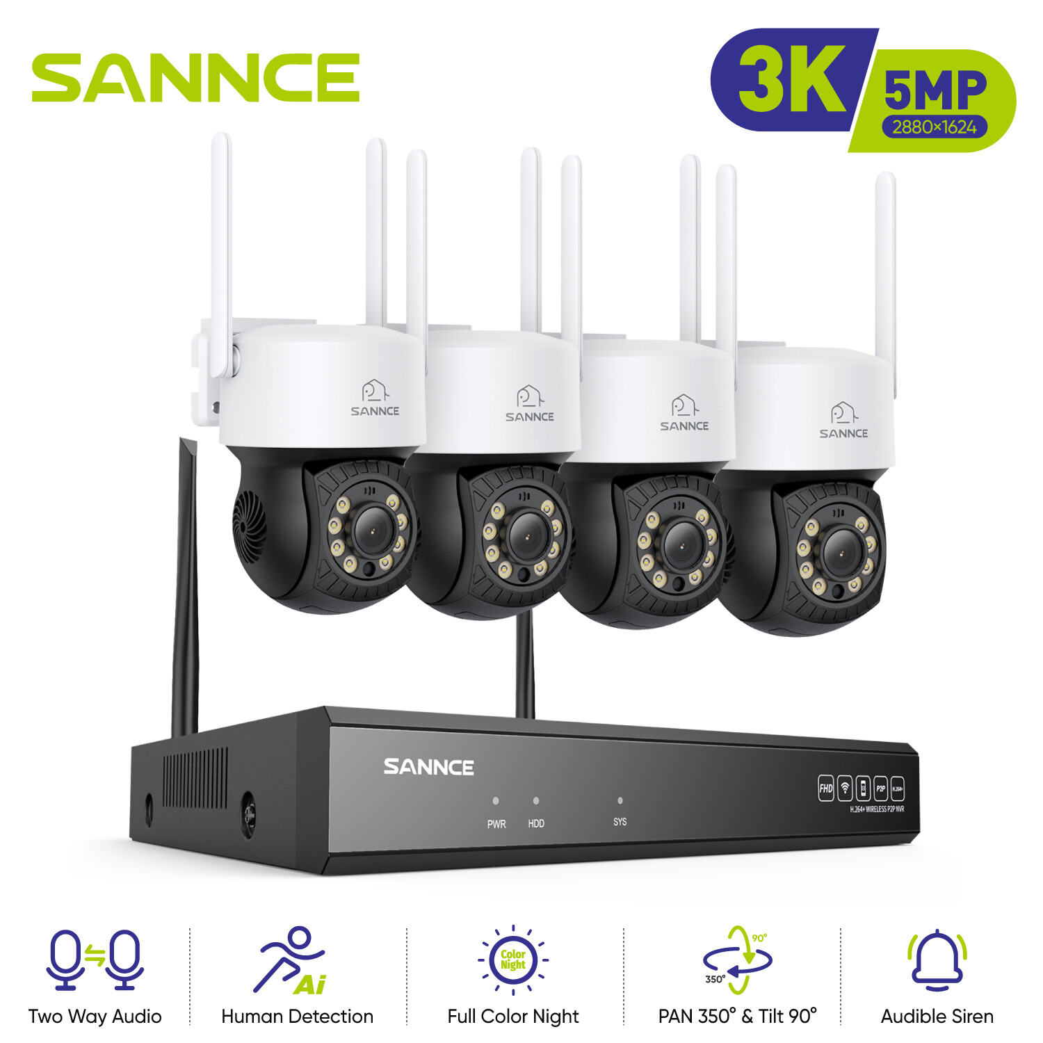SANNCE Wireless 16CH NVR Color 5MP PT WIFI Security Camera System Two Way Audio