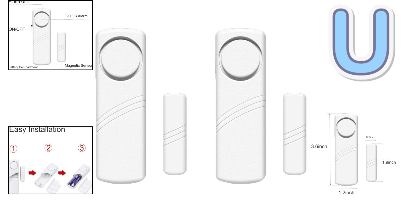 90 Db Home Security Alarm Set – Wireless Door and Window Sensors 2 Pack