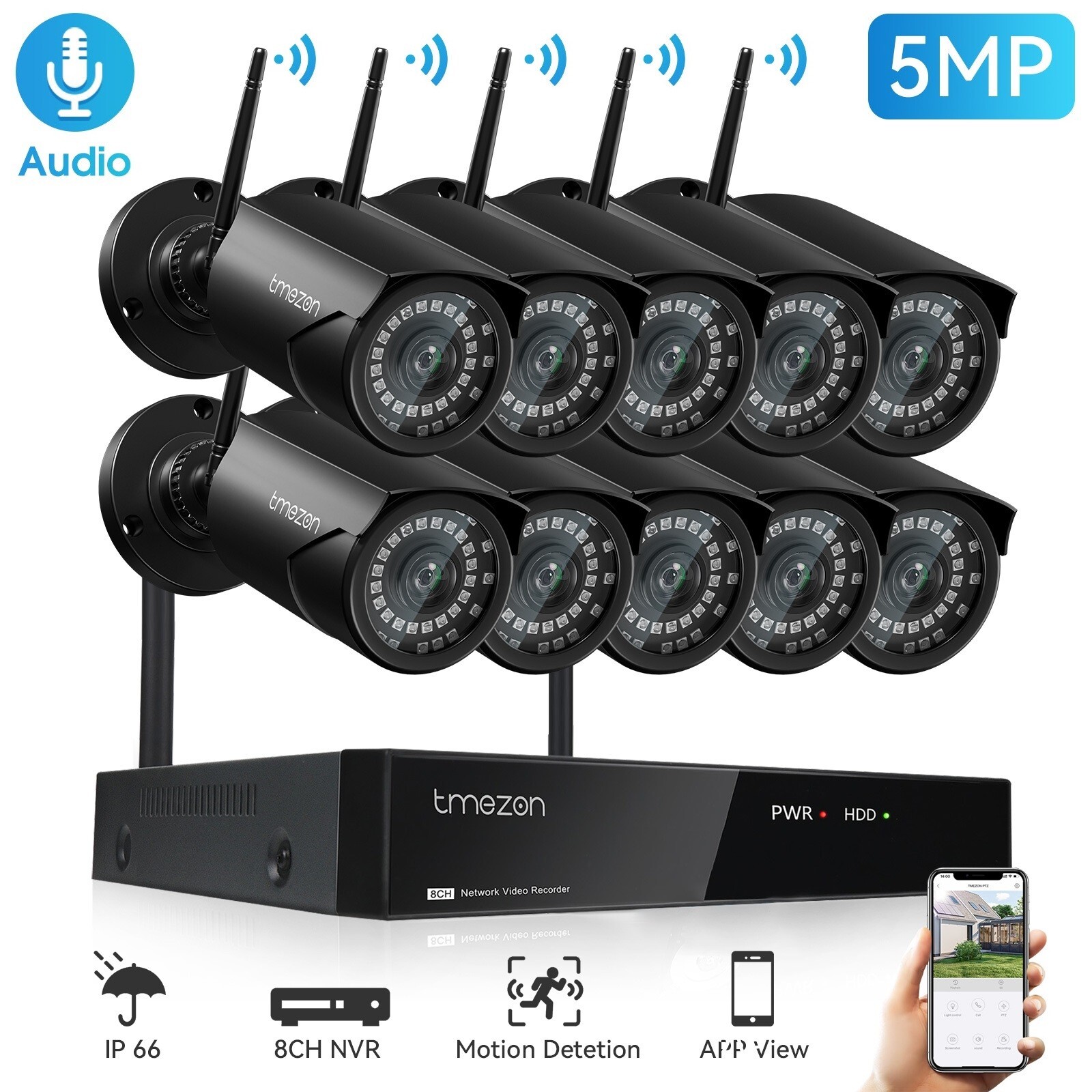 TMEZON Wireless 5MP Audio IP Security Camera System Metal 5MP 10CH NVR WIFI AI