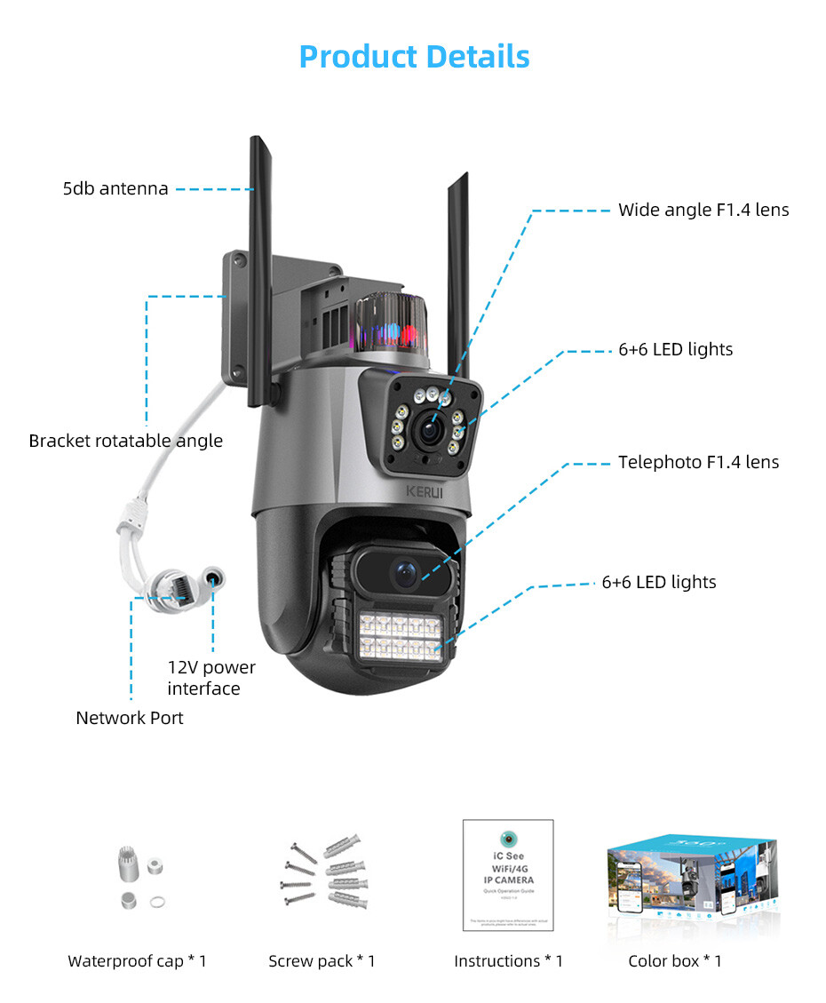 ICSee Dual Lens WiFi IP Camera Wireless Outdoor CCTV PTZ Home Security IR Cam US