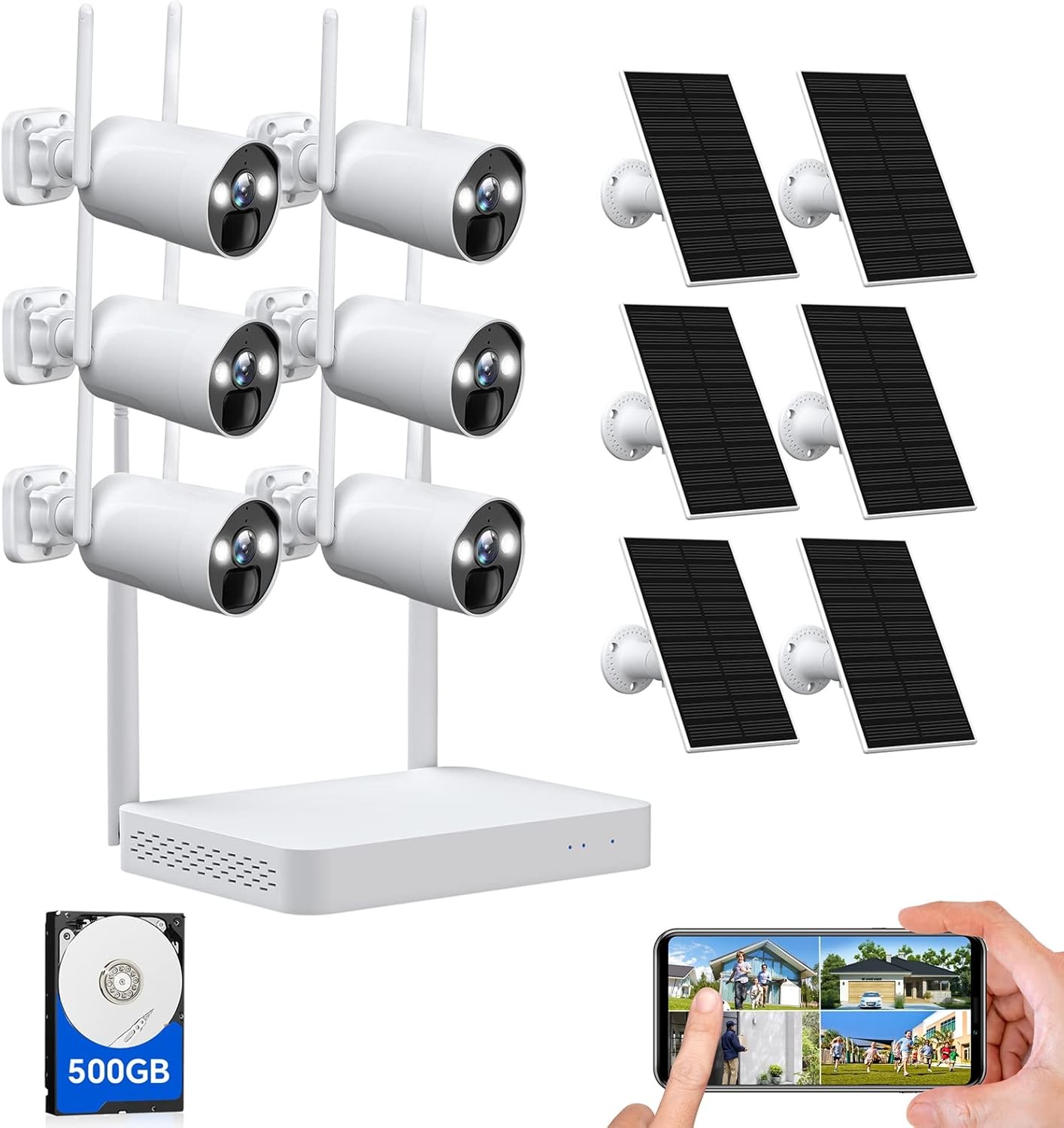 Solar Powered Wireless Security Camera System 6PCS Wire-Free Camera & NVR 500GB