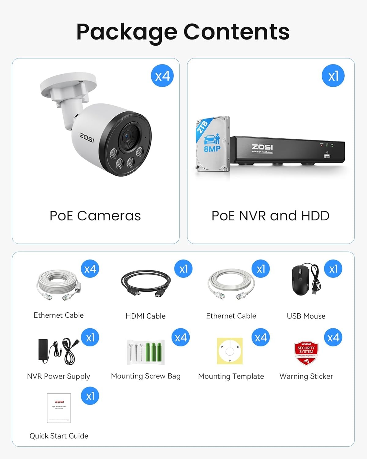 ZOSI 4K PoE NVR Security Camera System 4x8MP Wired IP Cameras One Way Audio 2TB