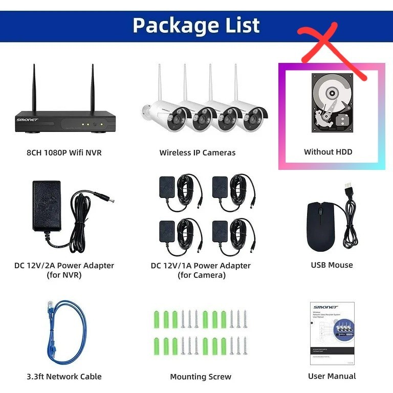 ✅⭐ Smonet SMUS-W81049 HD Security Camera System 8-Channel 1080P NVR ‼️NO HDD‼️