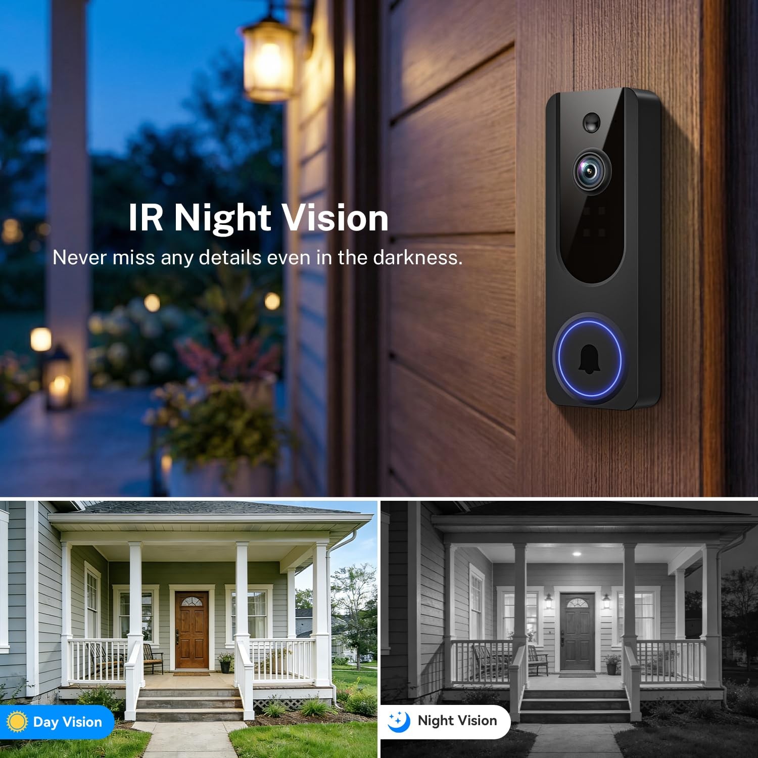 Cookedixo 1080P Wireless Video Doorbell Camera, Battery Powered Door Black