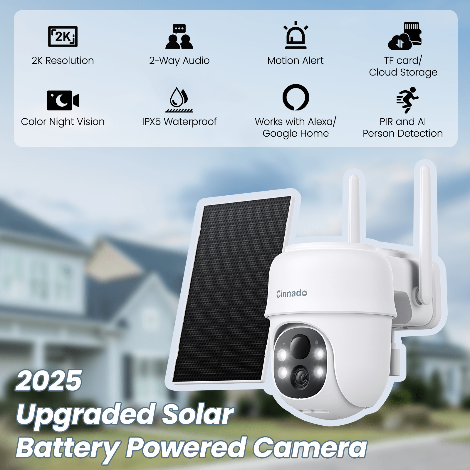 2K WIFI 360°Pan/Tilt Home Solar Security Camera Outdoor Wireless Human Detection