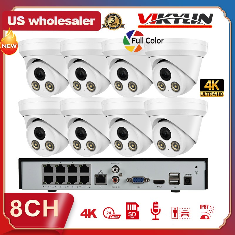Vikylin 4K 8CH 8 POE CCTV System 8MP Security IP Camera F1.0 Full Color MIC Lot