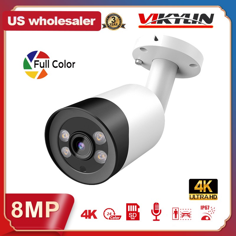 Vikylin 4K 16CH 16POE NVR CCTV System 8MP IP Camera Full Color Audio Outdoor Lot