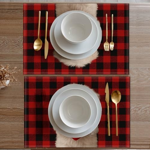Valentine Placemats Set of 4 12×18 inch Red Buffalo Plaid Puppy Table Color*40