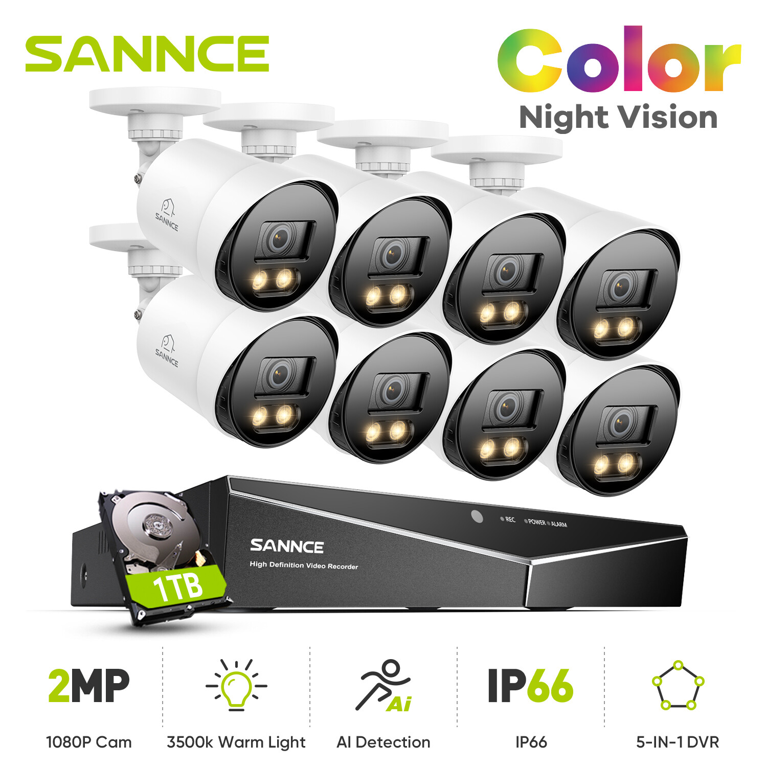 SANNCE 5MP 8CH DVR 1080P Security Camera System 2MP Full Color Night Vision 1TB