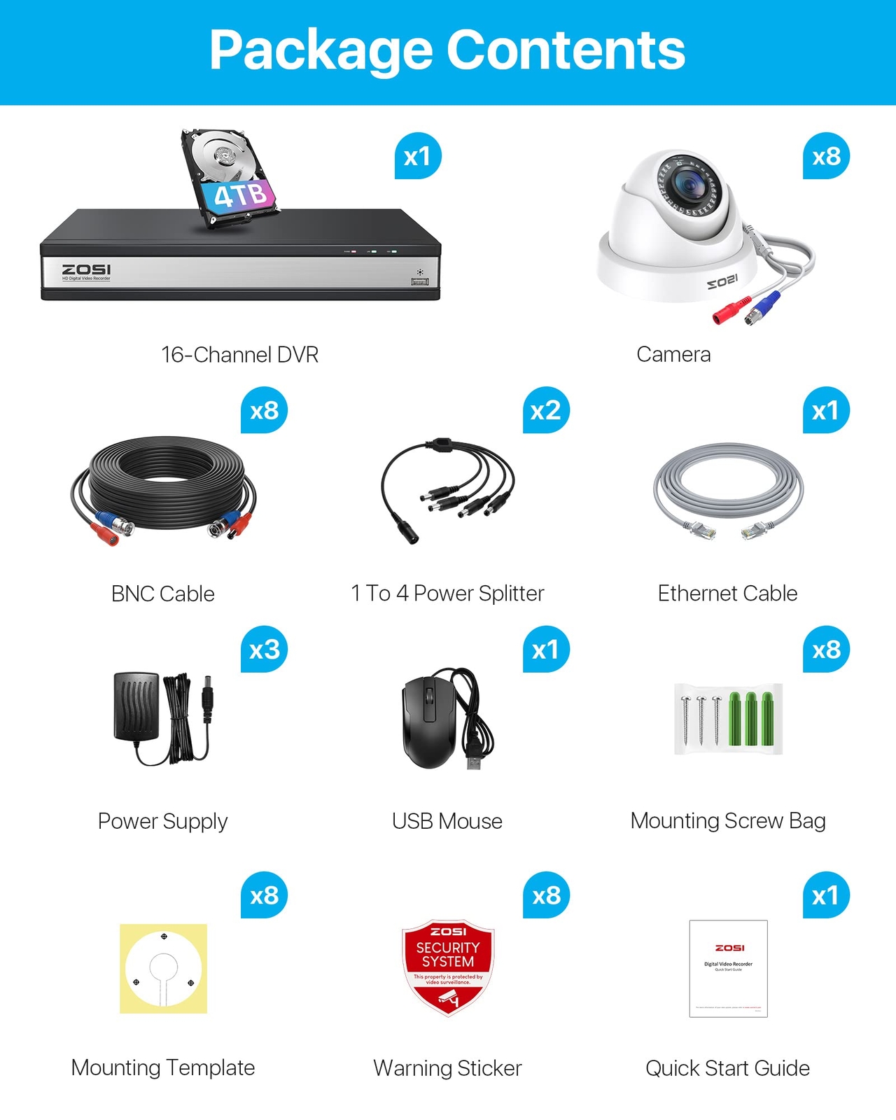 ZOSI H.265 16Channel HDMI Surveillance CCTV DVR 1080p Security Camera System 4TB