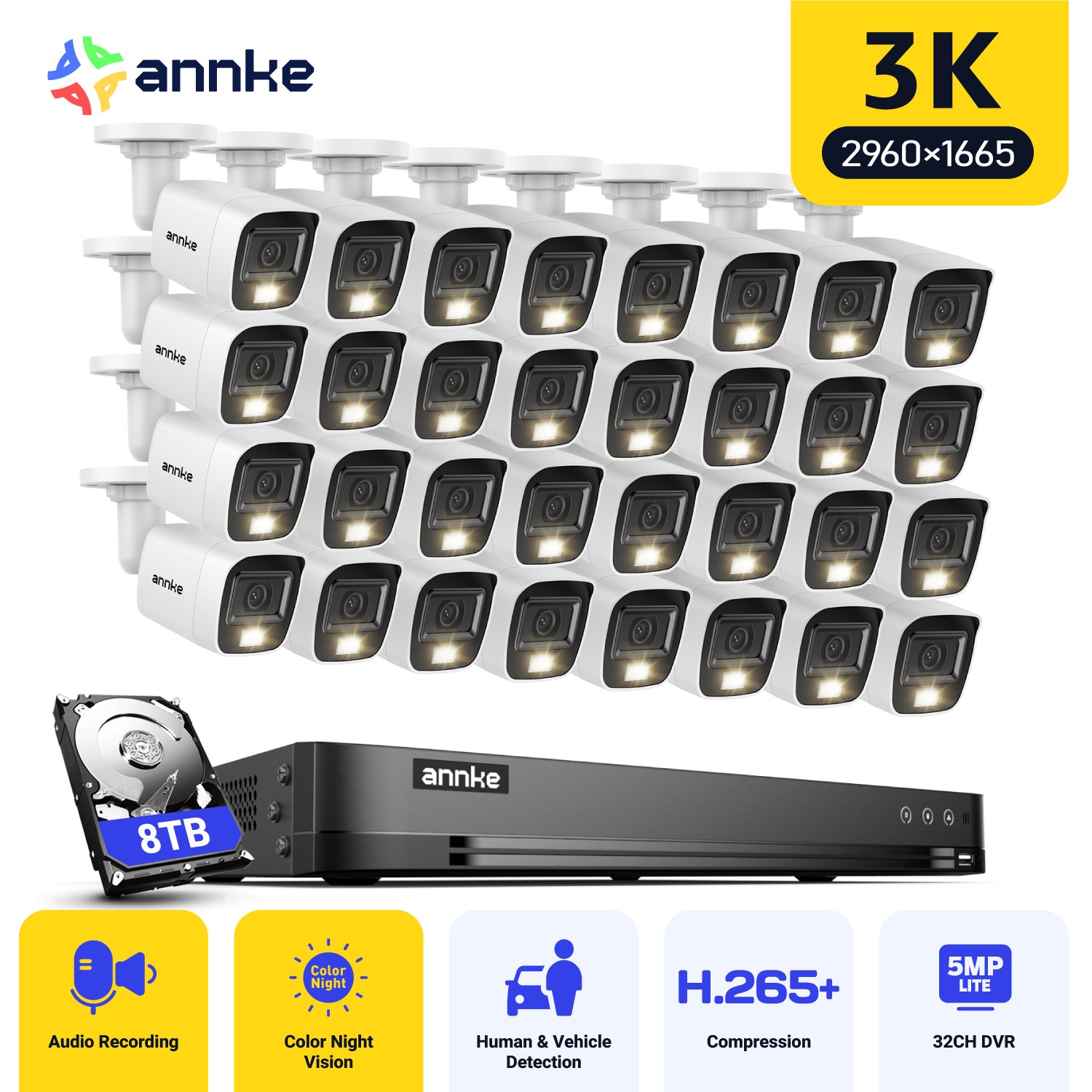 ANNKE 32CH 3K Lite DVR 5MP Audio Recording Security Camera System AI Color Night