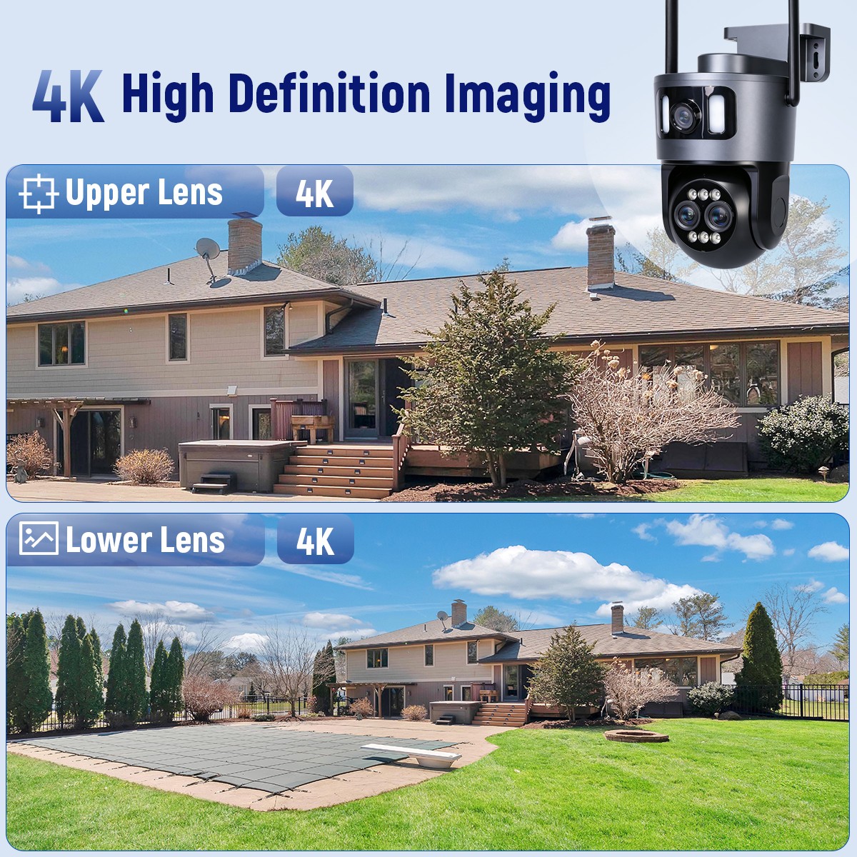 4K WiFi Triple Lens Security Camera Outdoor Home Night Vision 360° PTZ 10X Zoom
