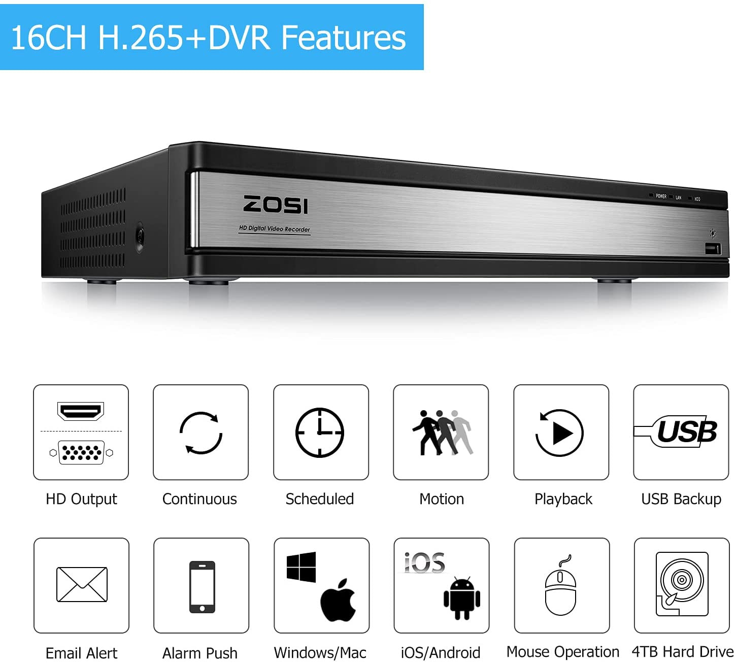 ZOSI 16CH DVR Security 80FT Dome Camera HD Outdoor Day& Night CCTV System 4TB