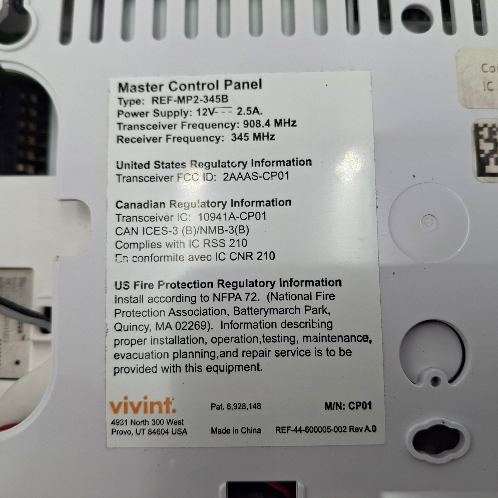 Vivint Master Control Panel REF-MP2-345B & Power Supply Parts Only Untested