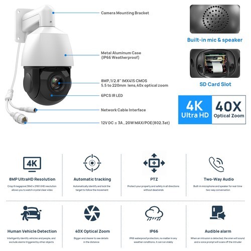 VIKYLIN 8CH 8POE NVR 40×ZOOM 360° IR100M 8MP PTZ Camera System Auto Tracking Lot
