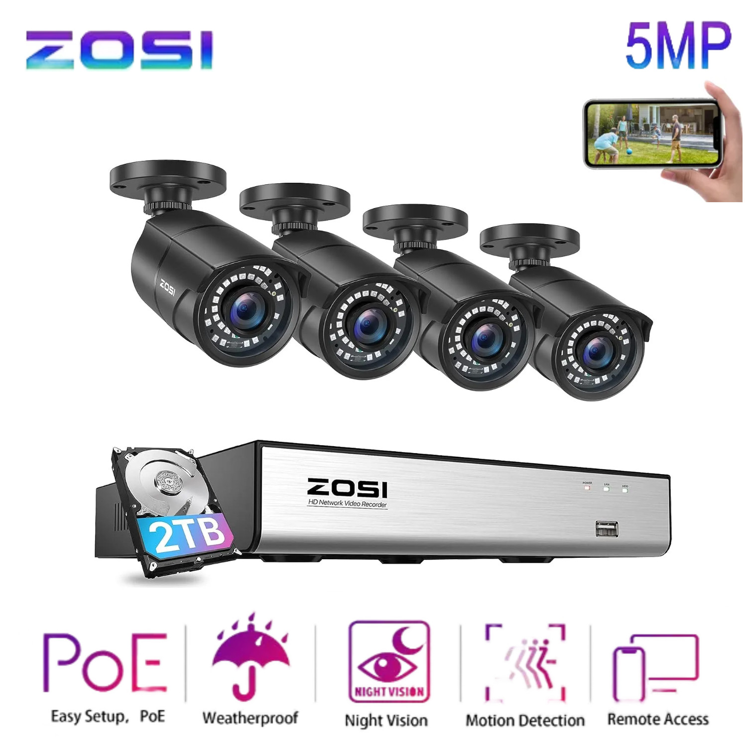 ZOSI 8MP H.265+ PoE Home Security Camera System Outdoor 160ft Night Vision 2TB