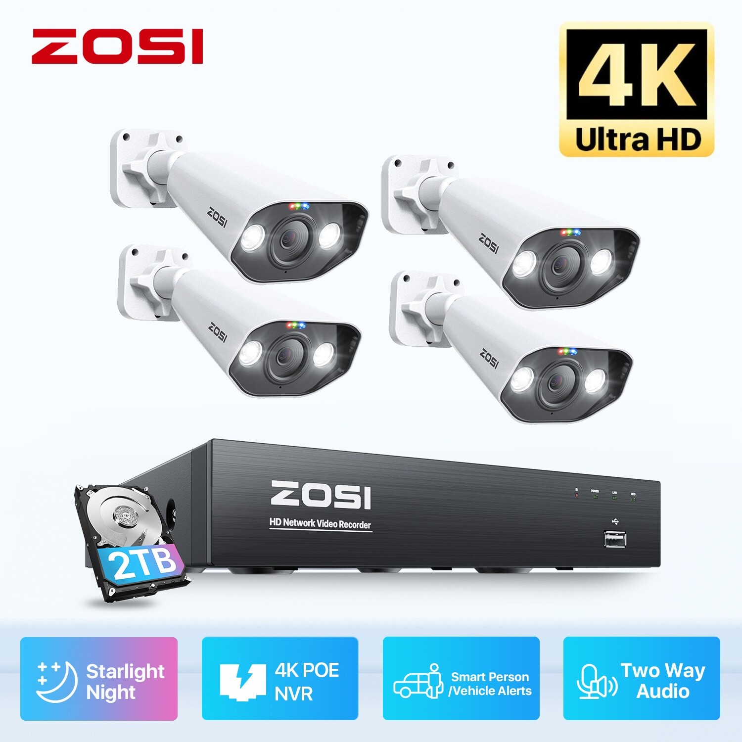 ZOSI 8CH/16CH 4K 8MP POE Home Security Camera System Audio Vehicle Detect 2/4T