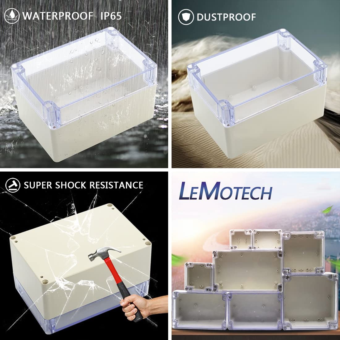 LeMotech ABS Plastic Junction Box Dustproof 6.3×4.3×3.5, Clear, Light Gray