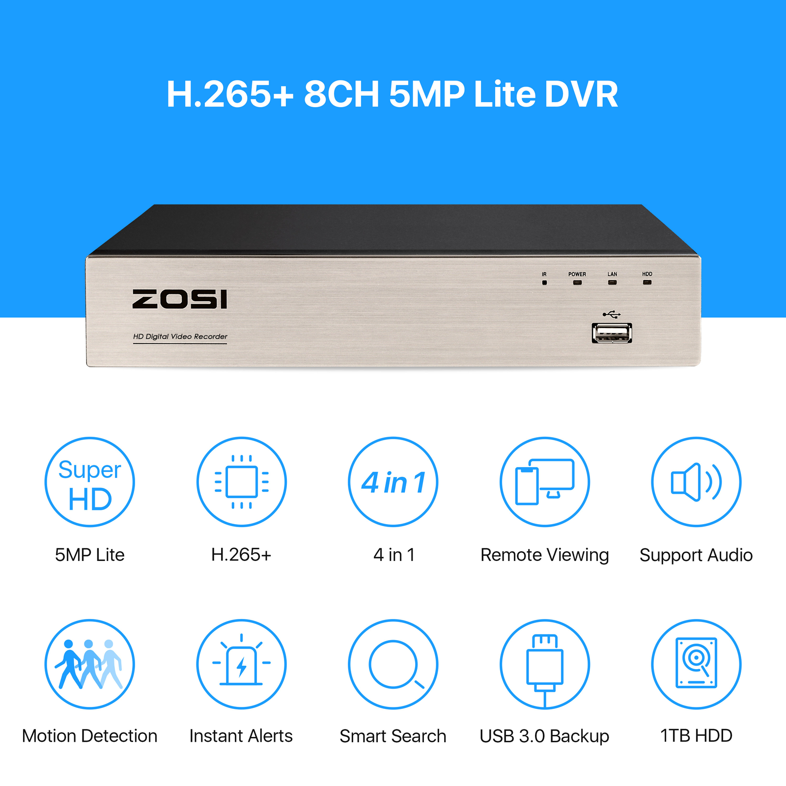 ZOSI 8CH H.265+ 5MP Lite DVR 1TB HDD 2MP Outdoor CCTV Security Camera System Kit