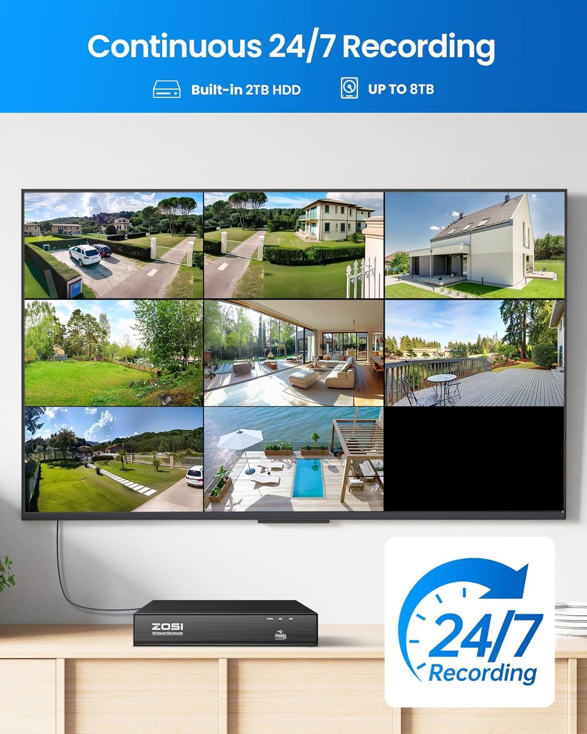 ZOSI UHD 4K PoE Security IP Camera System H.265+8CH NVR with 2TB HDD Human Detet