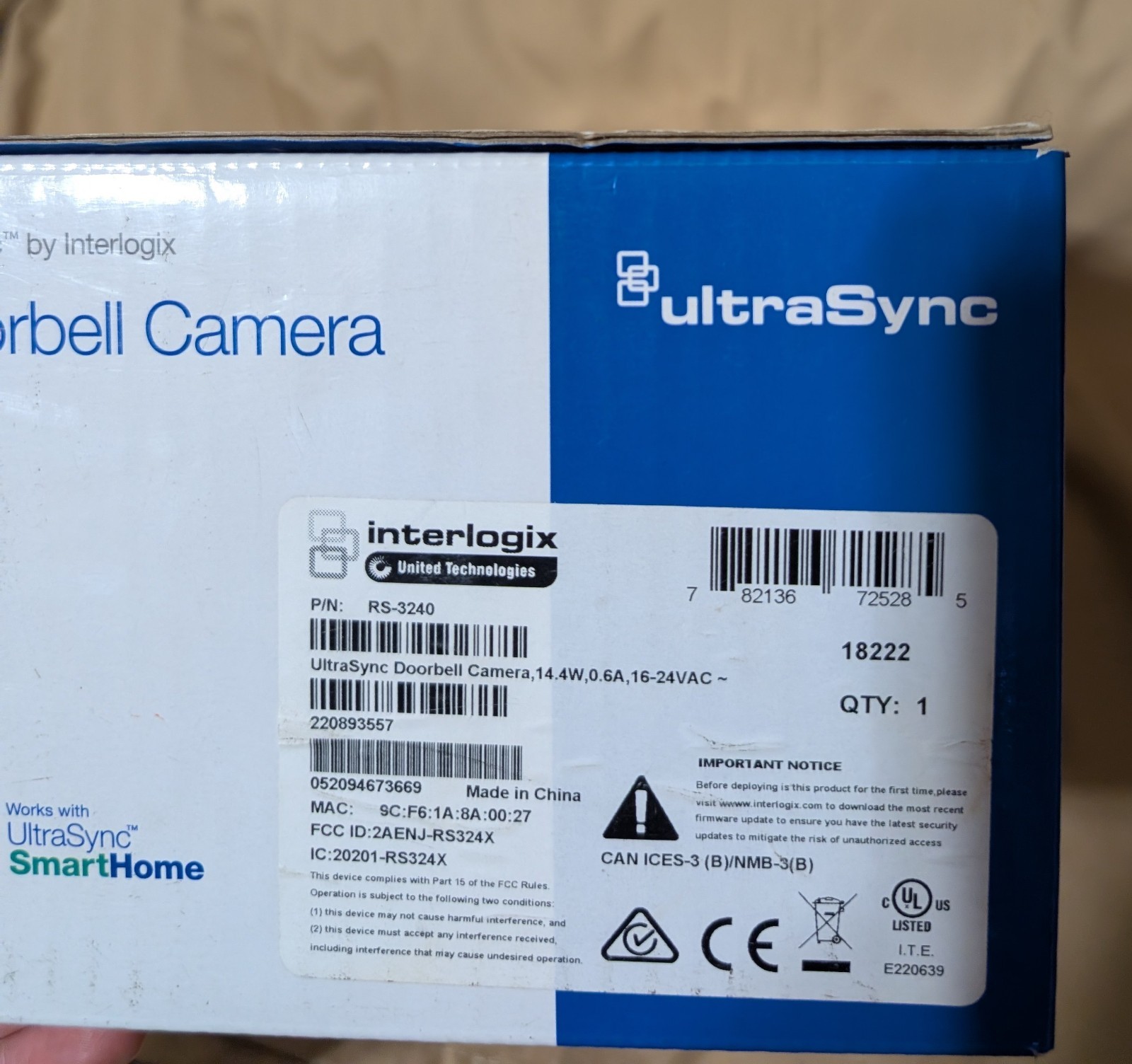 Interlogix UltraSync WIFI 1080p Doorbell Camera RS-3240