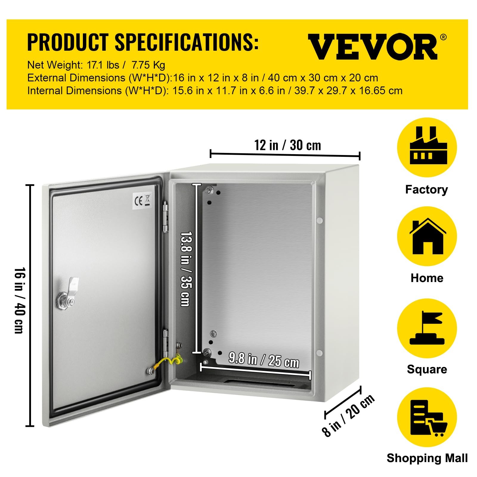 VEVOR NEMA Steel Enclosure, 16 x 12 x 8” 4X 16 X 12 X 8, grey