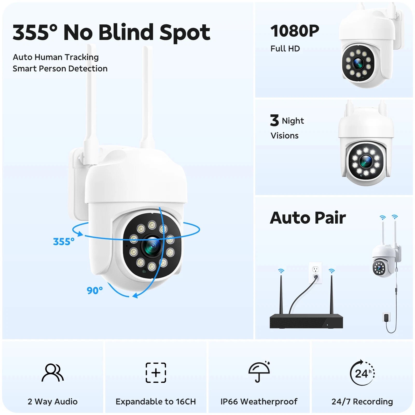16CH 4K NVR CCTV Wireless Security Camera System 8PC PTZ WiFi Camera 2-Way Audio