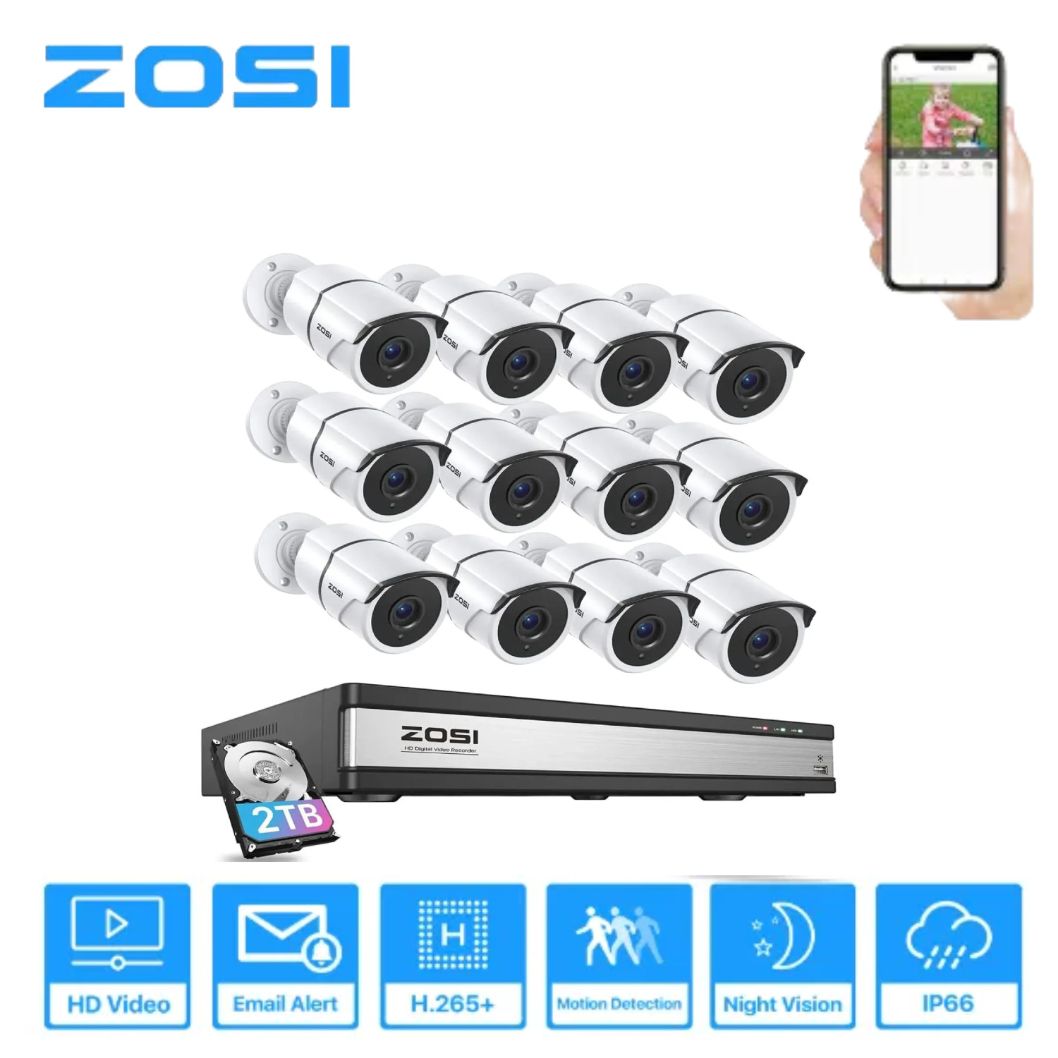 ZOSI 5MP 16CH Security CCTV 2MP Camera System Night Vision 24/7 Record 2TB HDD