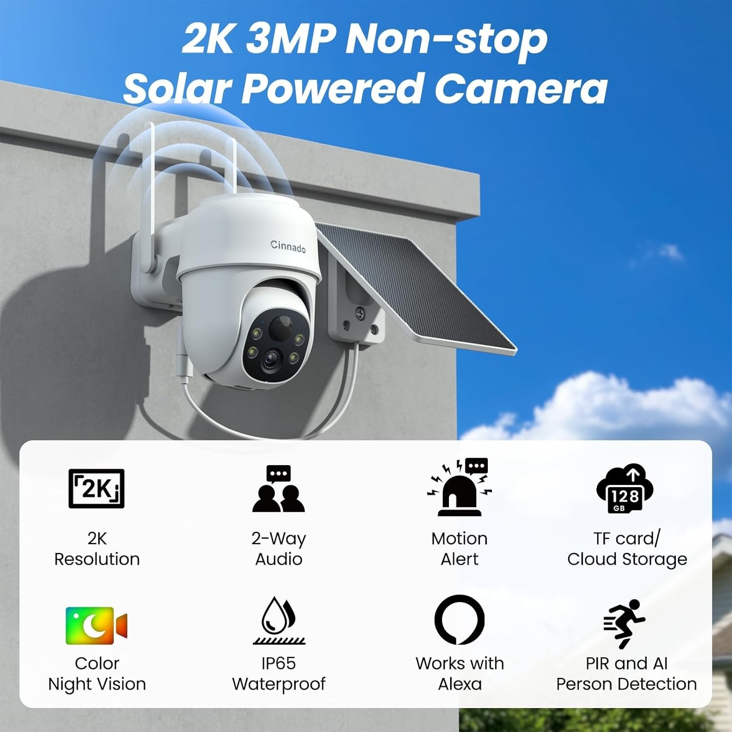 CINNADO 2-Pack 2K Solar Powered & Wireless Outdoor Cameras for Home Security