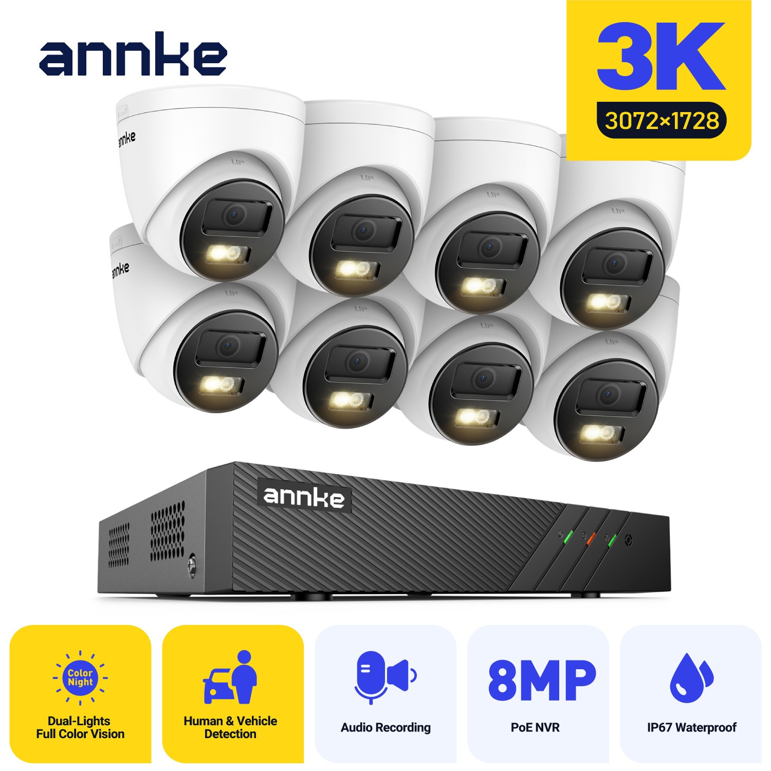 ANNKE 8CH 4K NVR 5MP Audio Recording POE AI Color Security Camera System Outdoor