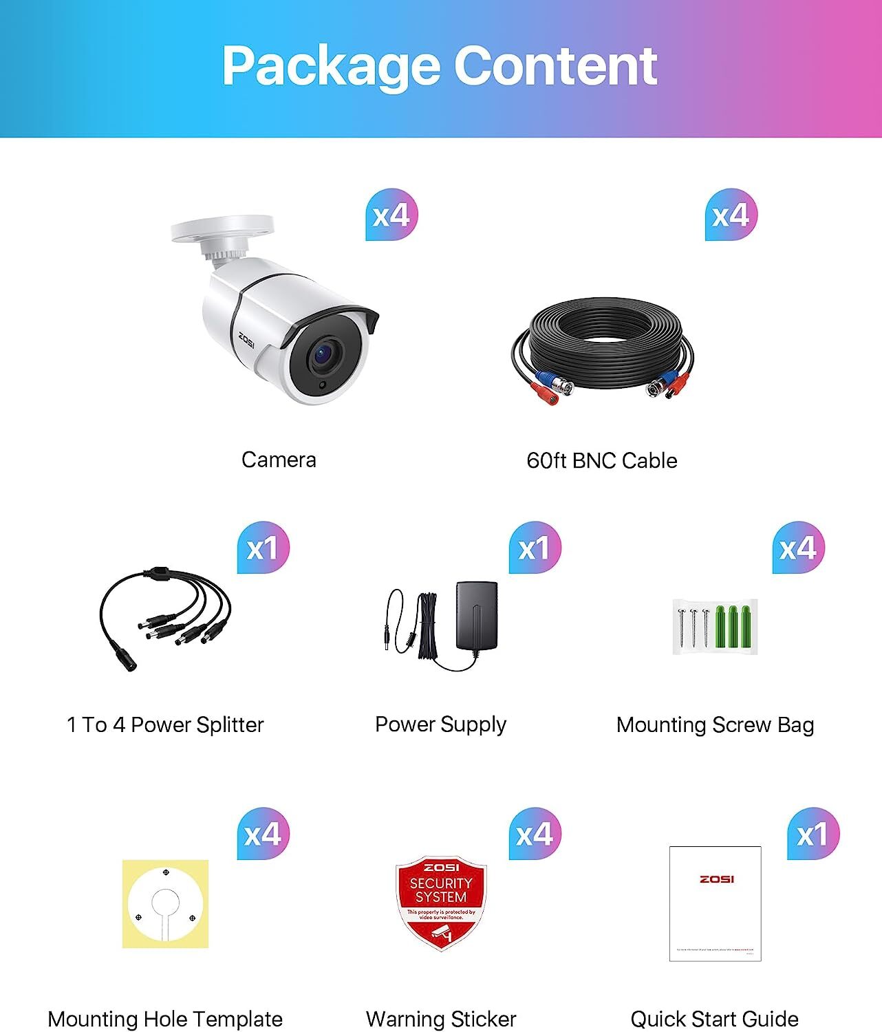 ZOSI 4PK 2MP Security HD 1080p Camera Kit CCTV Audio in 120ft Night Vision Wired