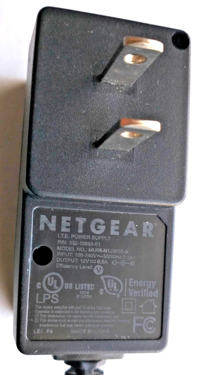 NETGEAR P/N: 332-10688-01 MODEL: MU06-N120050-A1 AC/DC ADAPTER 12V 0.5A J3.1