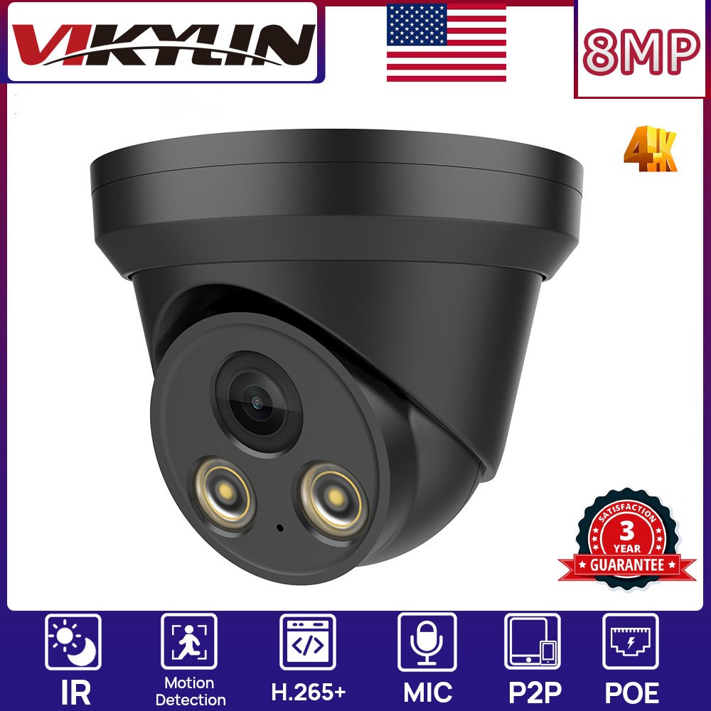 VIKYLIN 8CH 8POE NVR CCTV Systems Turret IR30M 8MP 4K IP CAMERA MIC Black Lot US
