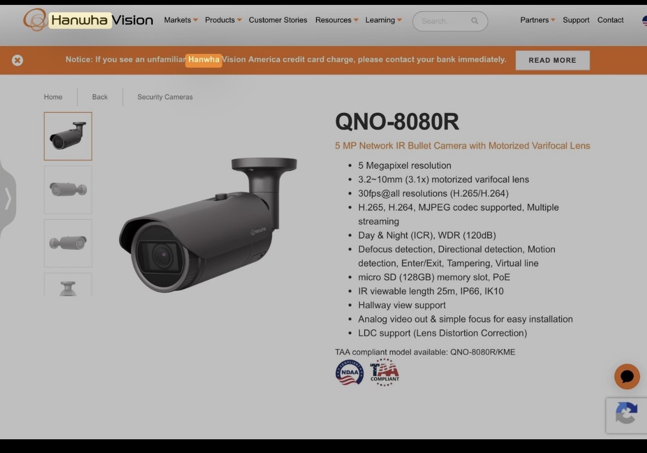 Hanwha Techwin QNO-8080R 5M POE IR Bullet IP66 IP SecurityCamera 3.2~10.0mmLens