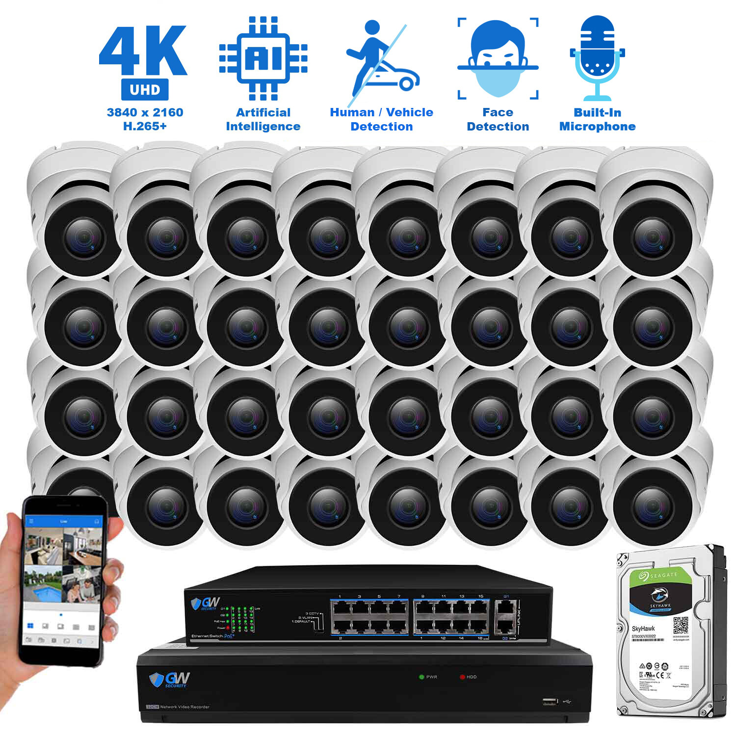 32 Channel NVR 32 X 4K Outdoor Indoor Microphone Turret Security Camera System