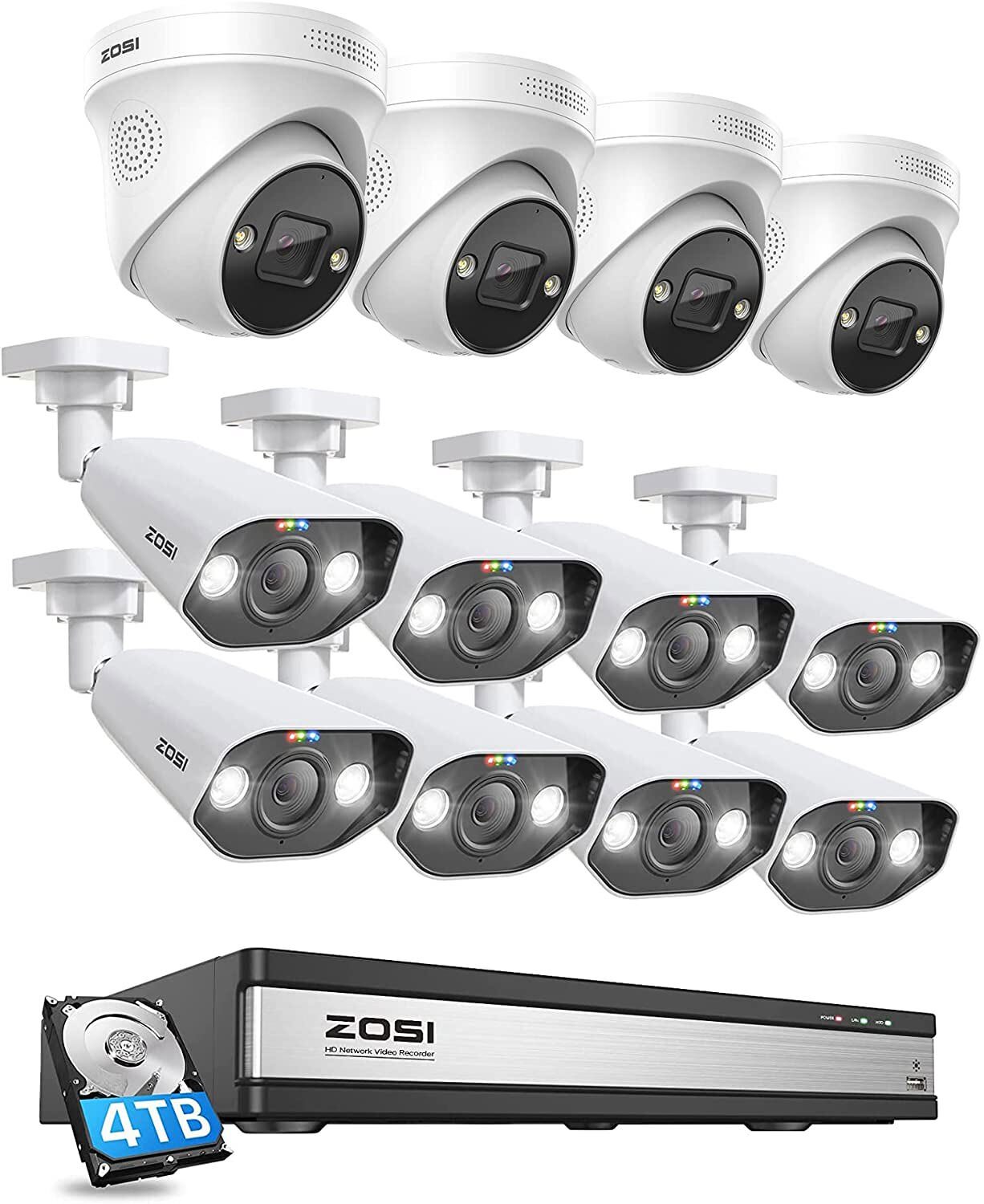 ZOSI H.265+ 16CH/8CH 4K PoE Security Camera System With Hard Drive Recording