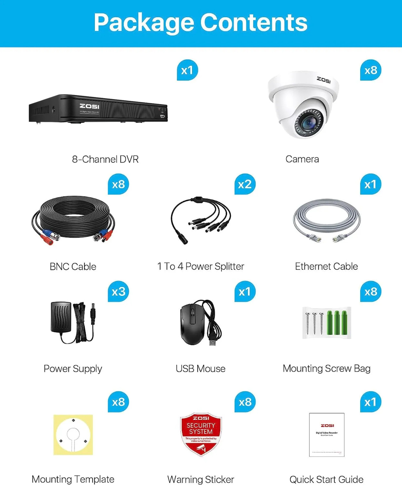 ZOSI H.265+2MP 8CH DVR 1080p Security CCTV Camera System Motion Alerts Outdoor